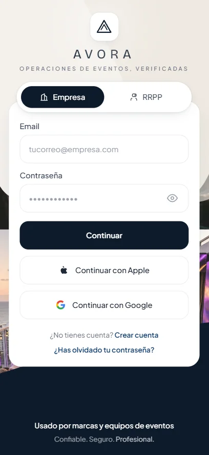 Login de la app móvil con doble pestaña Empresa y RRPP