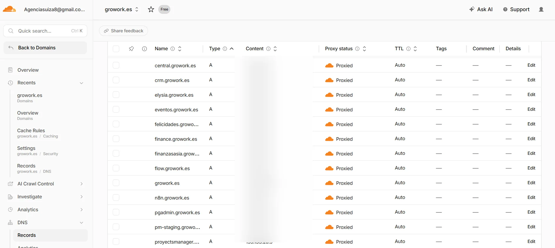 Registros DNS de Cloudflare con subdominios apuntando a la IP del servidor