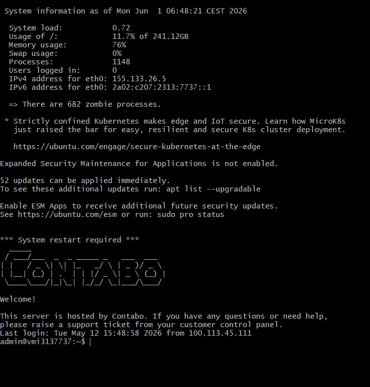 Terminal SSH con información del VPS de Contabo