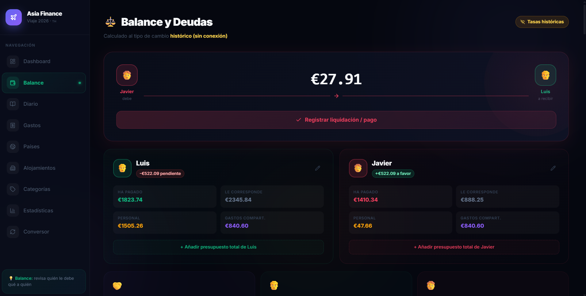 Página de balance de la app mostrando la deuda entre los dos viajeros calculada al tipo de cambio en vivo