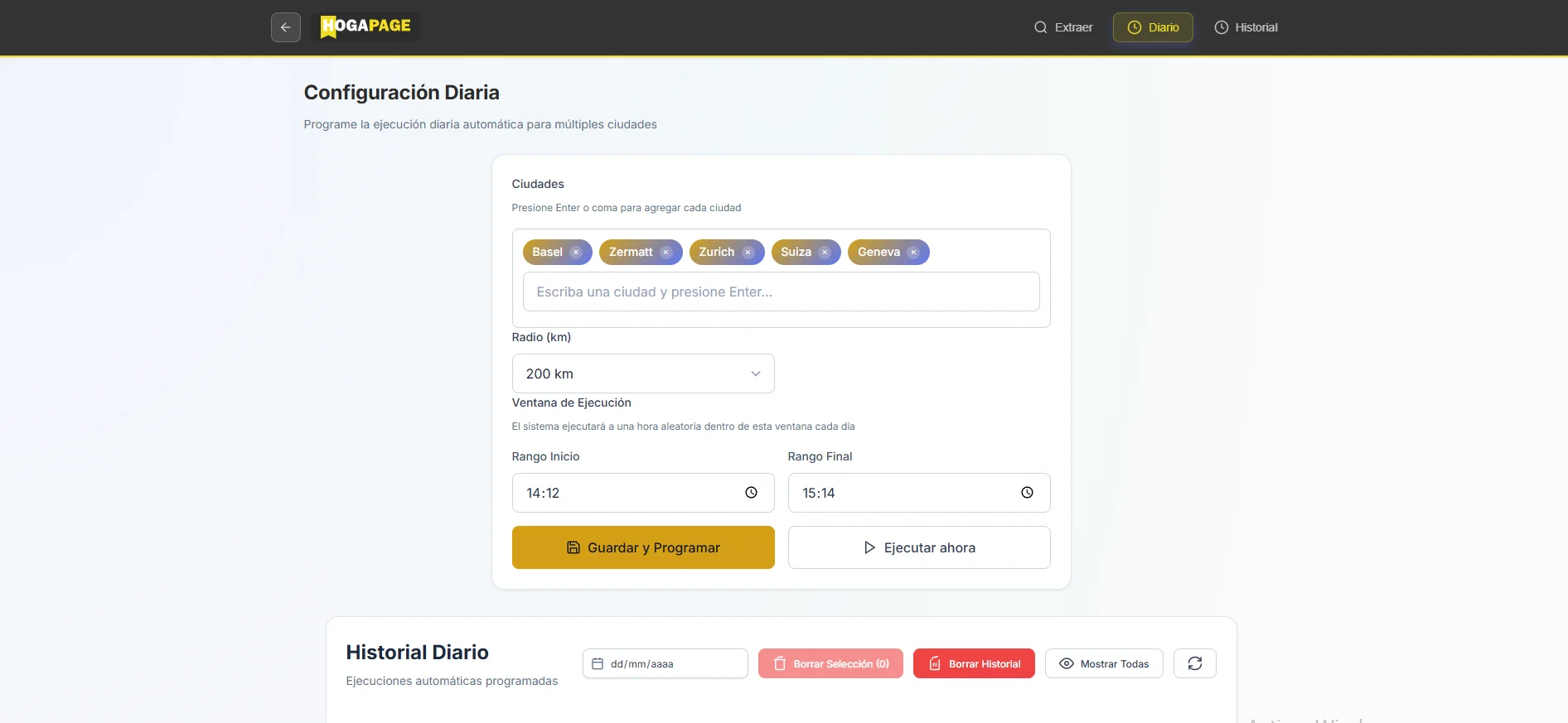 Dashboard del scraper de Hogapage con el historial de ejecuciones