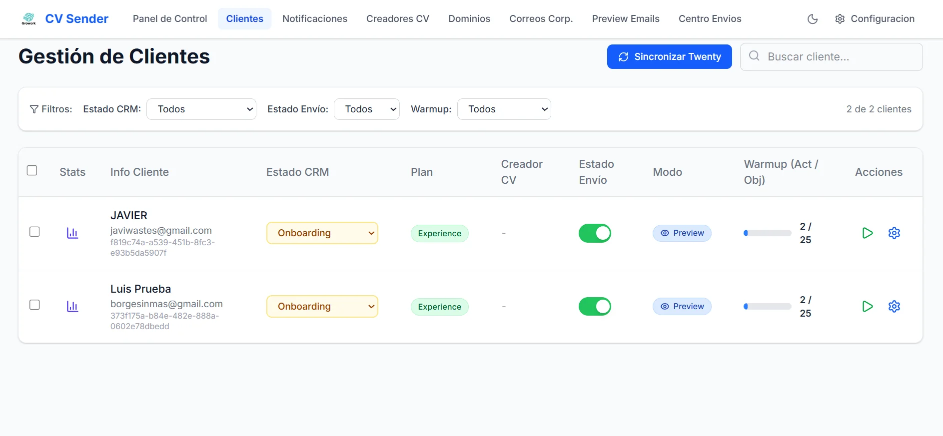 Gestión de clientes con estado CRM, plan, preview y warmup