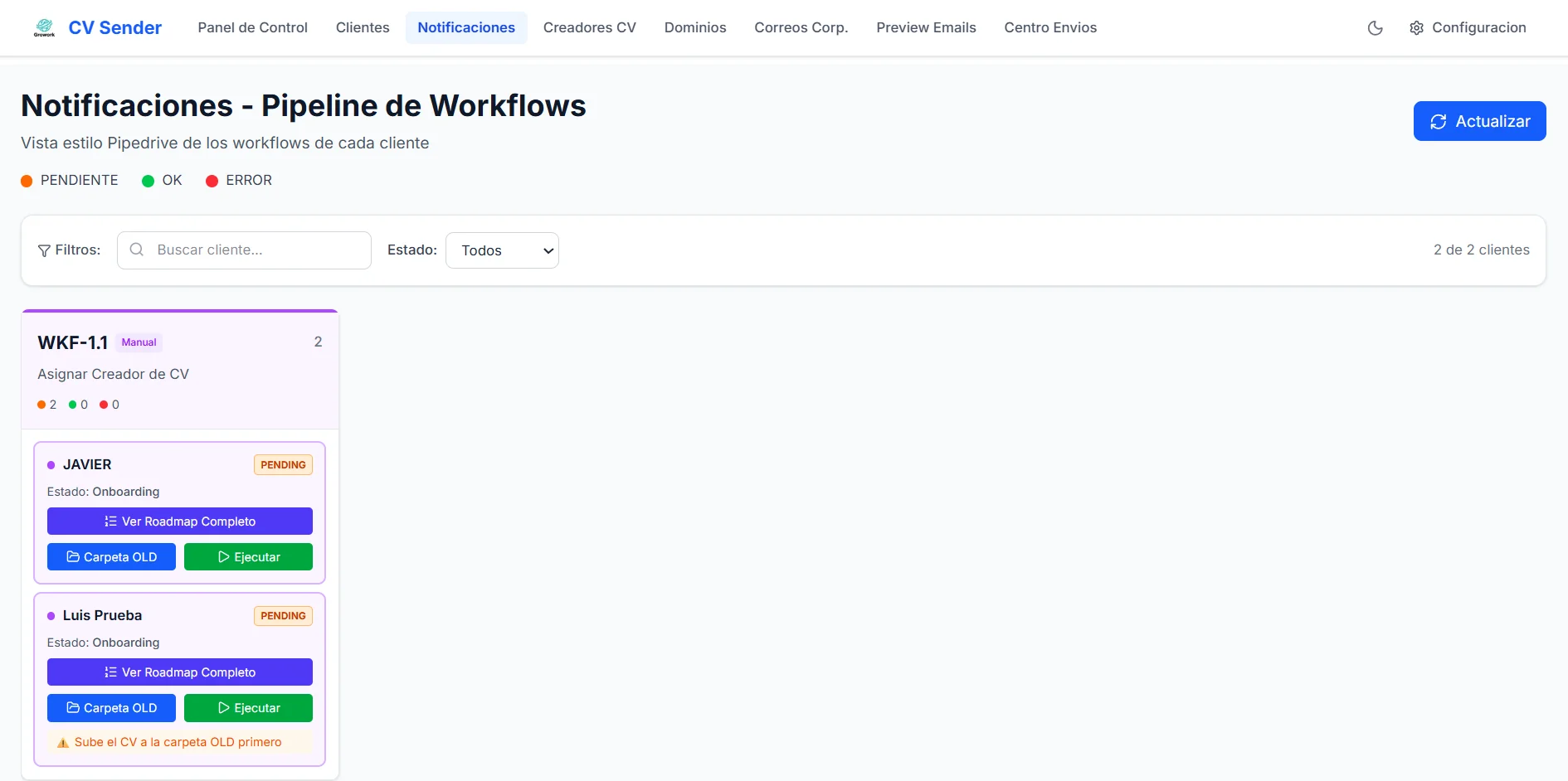 Pipeline de workflows por cliente en formato Kanban