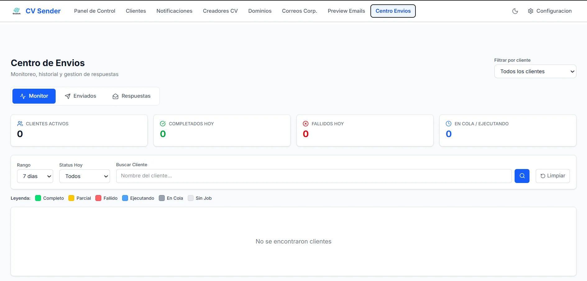 Centro de envíos de la web interna — consola de operaciones NestJS